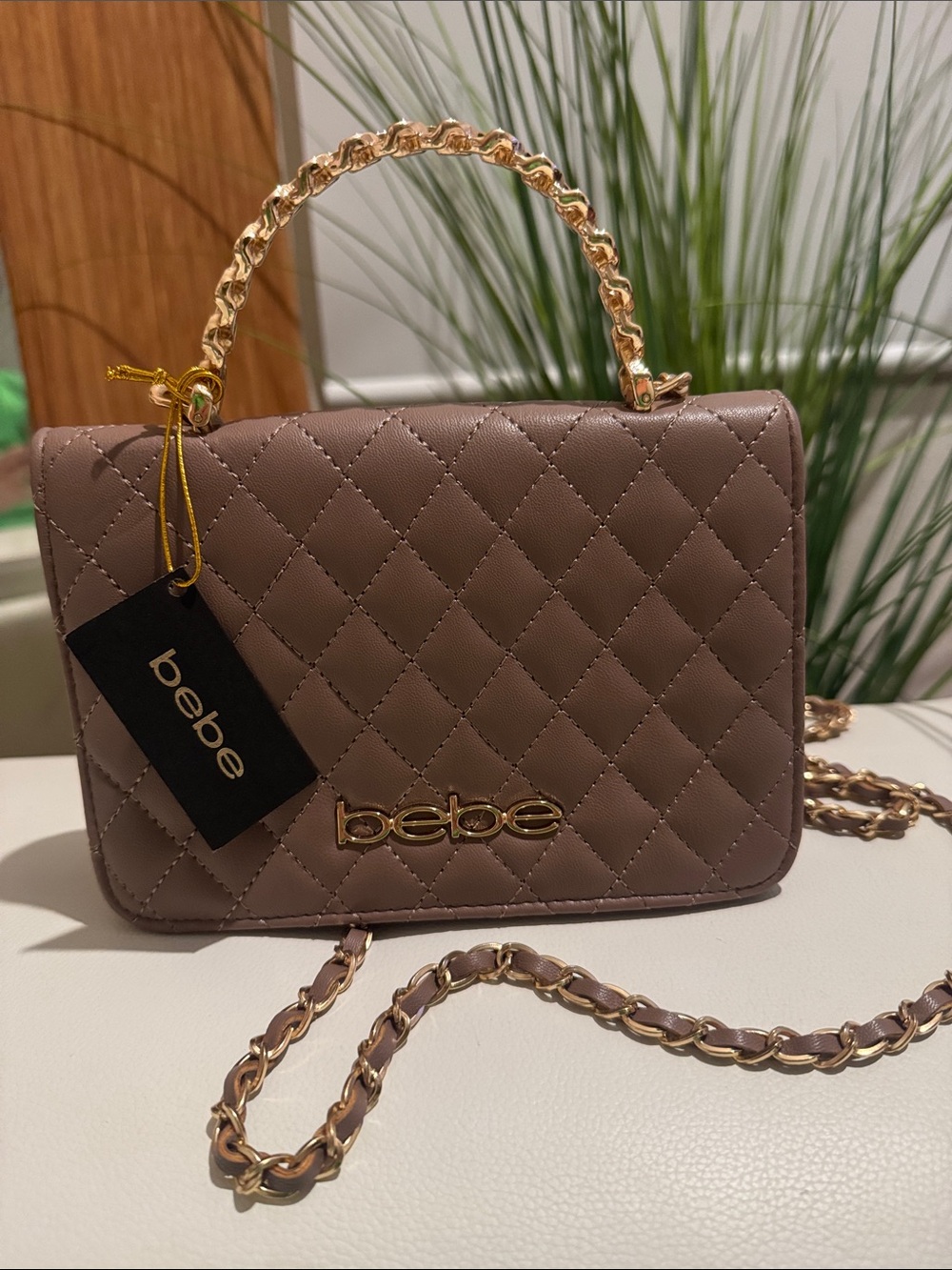 bebe Quilted Shoulder Bag in Taupe with Gold Chain